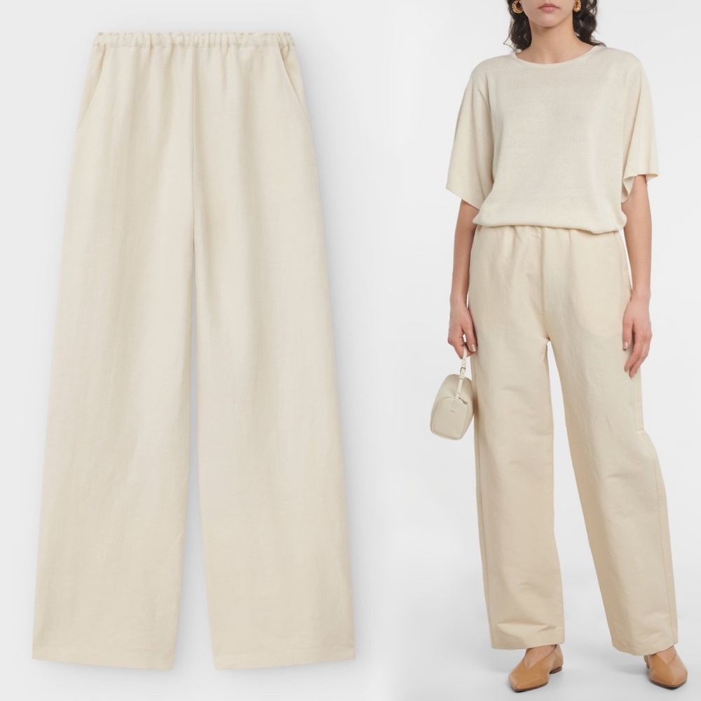TOTEME Stretch Linen Wide-Leg Slacks Trousers in Cava Beige Size EU 40 / US 8